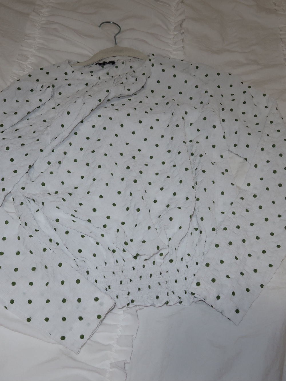 Impressions White Top with Olive Green Polka Dots